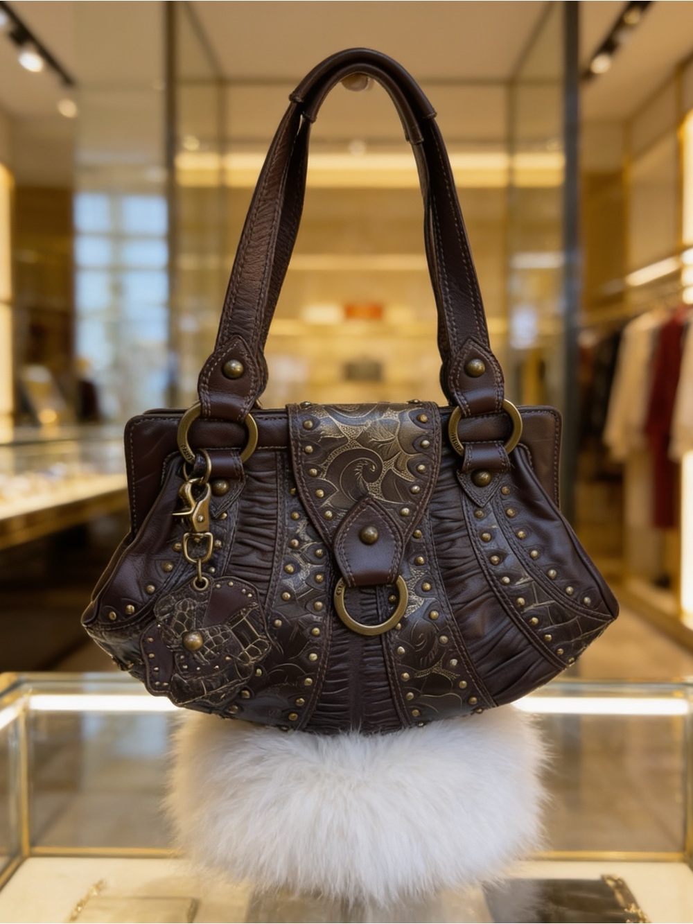 New Isabella Fiore  Brown Leather Studded Shoulder Bag W dustbag